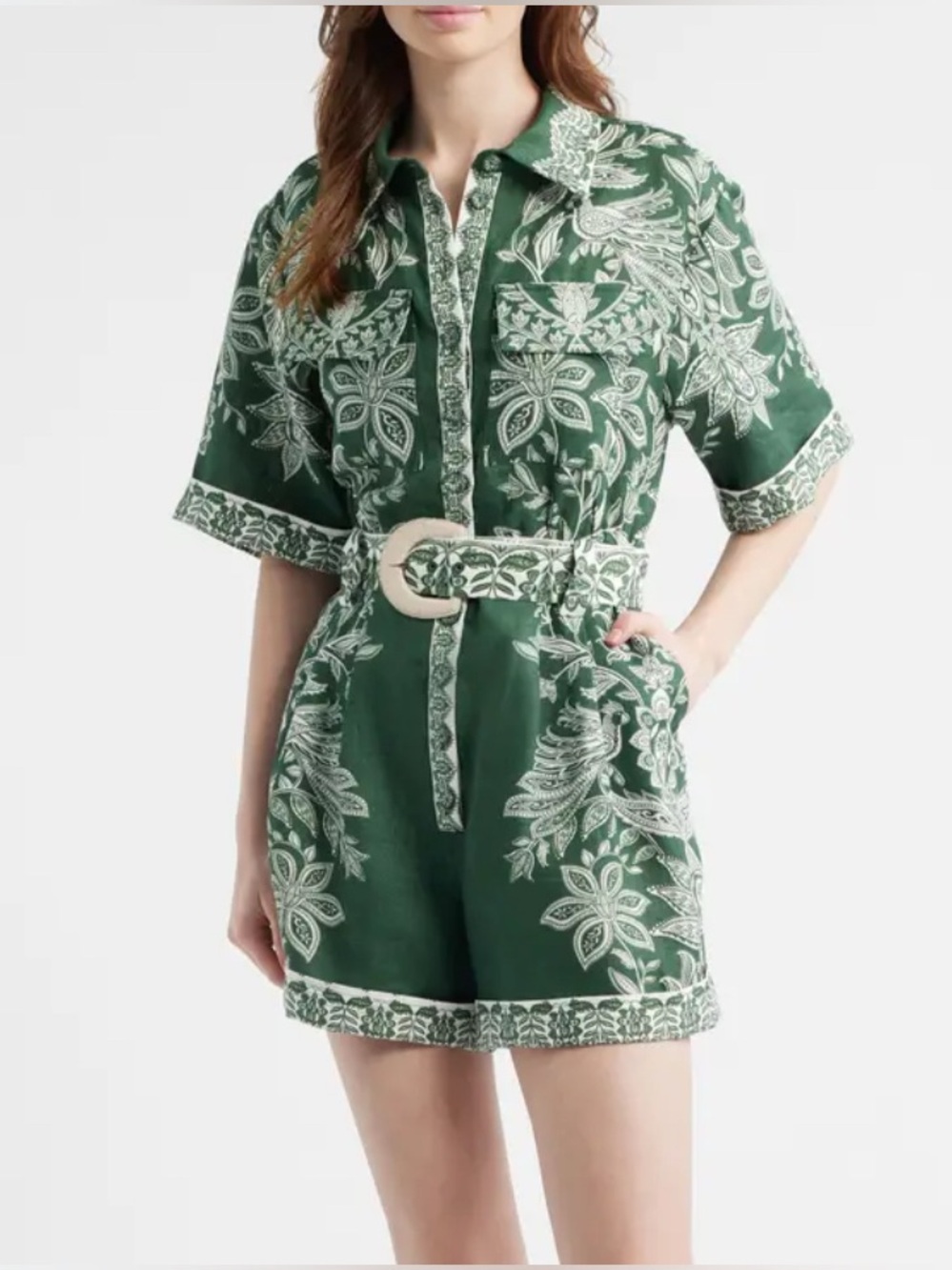 Farm Rio 100% Linen Green White Belted Romper Short Sleeve size S